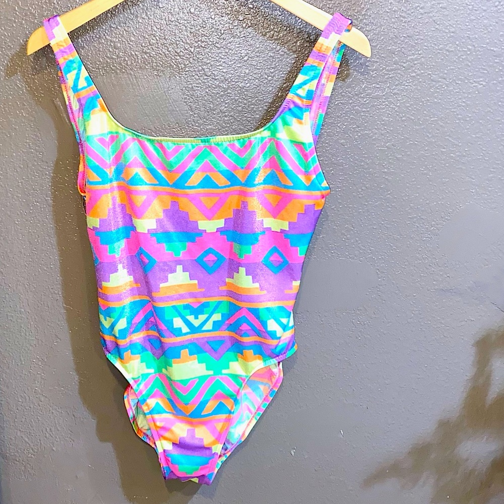 Vintage 80s Neon Geometric Print Swimsuit/Bathing Suit/Bodysuit Size M/L